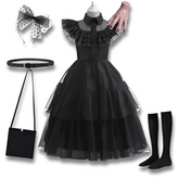 Official Wednesday Addams Girls Costume — Black Puff-Sleeve Cosplay Dress